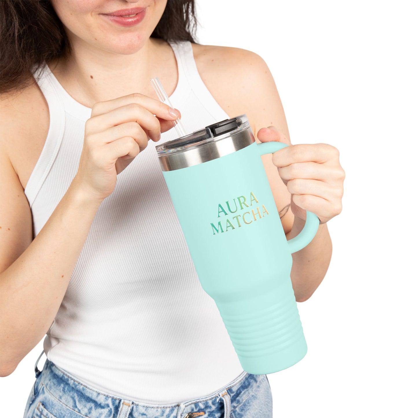 Aura Matcha Insulated Travel Mug, 40oz - Perfect for Tea Lovers, Eco-Friendly Gift, On-the-Go Hydration, Coffee, Smoothies